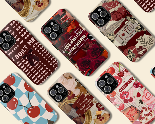 Retro cherry phone case vintage aesthetic phone cover red cherry collage case trendy fruit phone case dark red phone case protective tough phone case aesthetic cherry case for iPhone cute cherry print phone cover stylish gift for her glossy finish